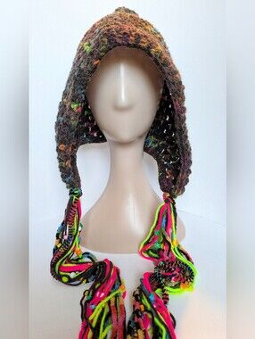 NEW, Crochet hood with beads, neon, handmade